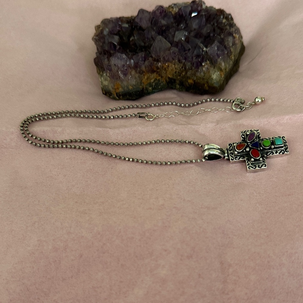 Vintage Sterling Silver 925  THAI Multicolor Cross Pendant Necklace - Picture 2 of 5